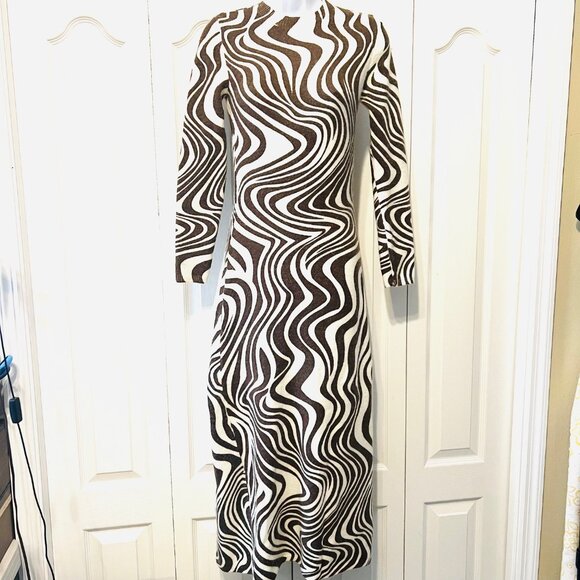 Zara Zebra Print Long Sleeve Fitted Dress-Small-Brown/Winter Wh.-Soft-Pull On - Picture 4 of 14